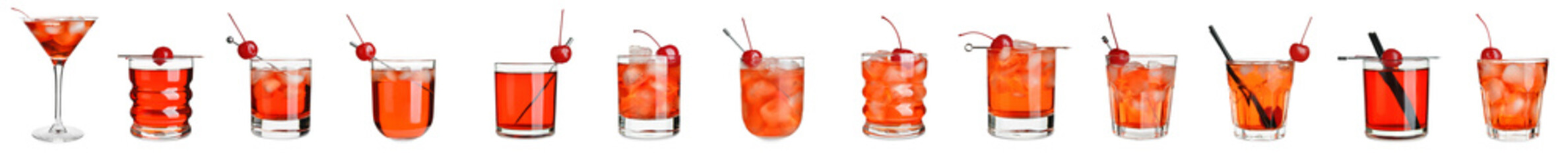 Glasses of tasty Manhattan cocktail on white background