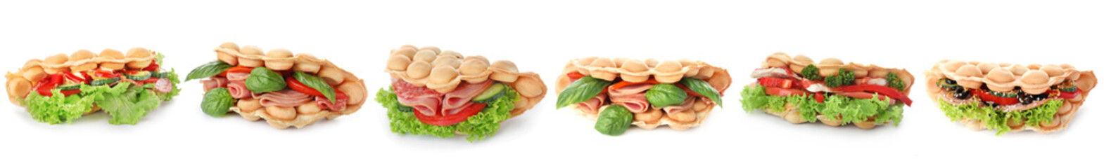 Set of delicious bubble waffles isolated on white