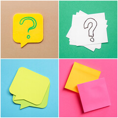 Different sticky notes on colorful background, top view