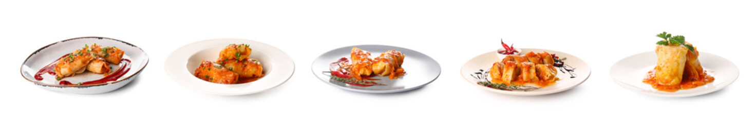 Set of plates with tasty stuffed cabbage rolls on white background