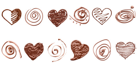 Hearts and swirls made of sweet melted chocolate isolated on white