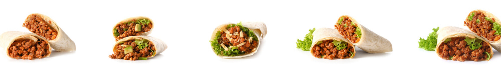 Set of tasty Mexican burritos on white background