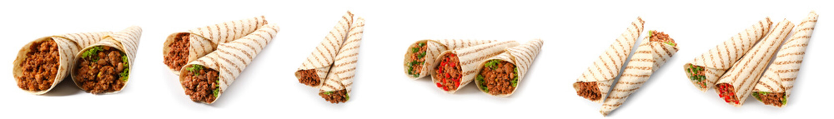 Set of tasty Mexican burritos on white background