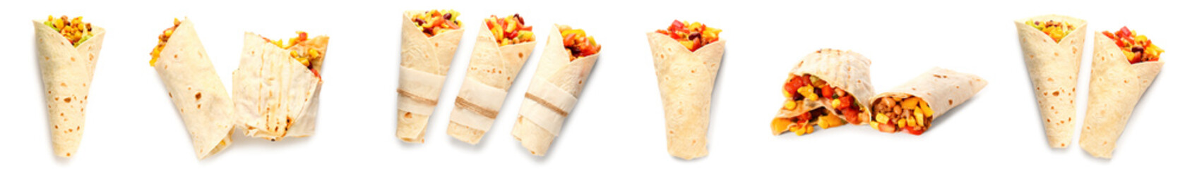 Set of tasty Mexican burritos on white background