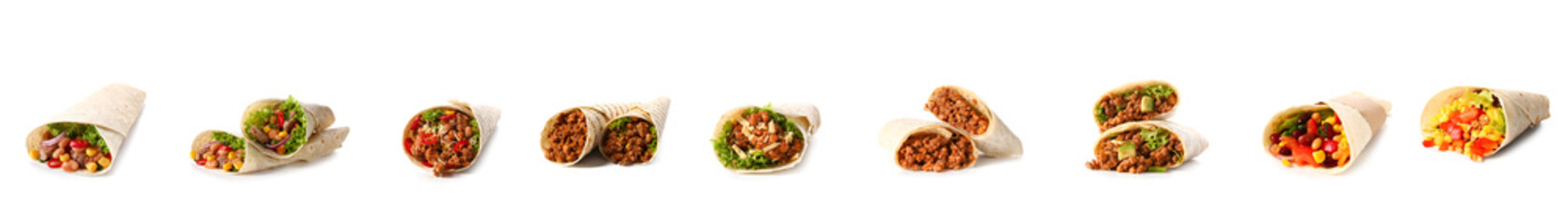 Set of tasty Mexican burritos on white background