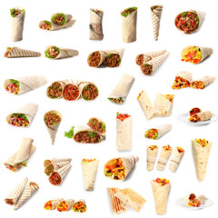 Set of tasty Mexican burritos on white background - obrazy, fototapety, plakaty