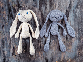Handmade toys, amigurumi, crocheted bunnies gray and white