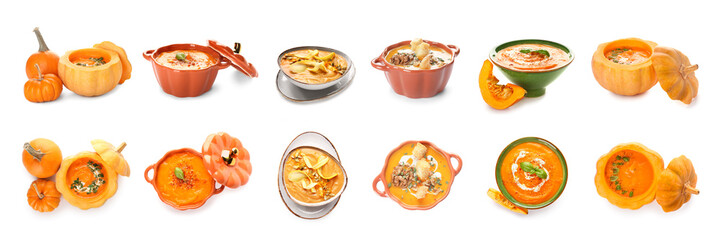 Set of tasty pumpkin cream soup on white background
