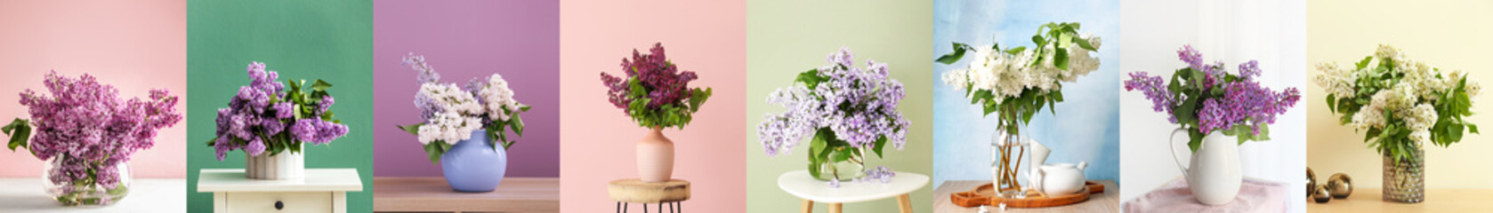 Collage with bouquets of beautiful lilac flowers on colorful background