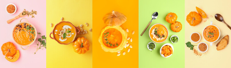 Set of tasty pumpkin cream soup on color background, top view
