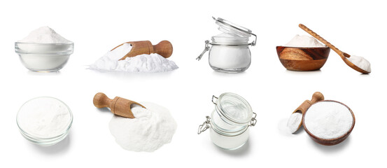 Collage of baking soda on white background