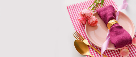 Stylish table setting with flowers on white background with space for text, closeup