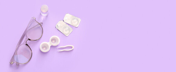 Composition with eyeglasses, contact lenses and accessories on lilac background with space for text