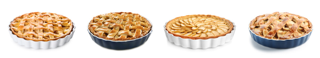 Set of tasty apple pies on white background