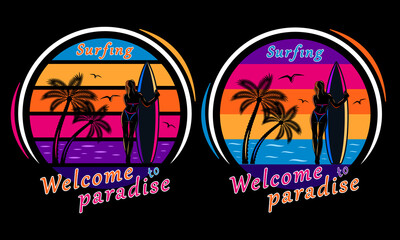 sunset beach surfing woman silhouette print shirt