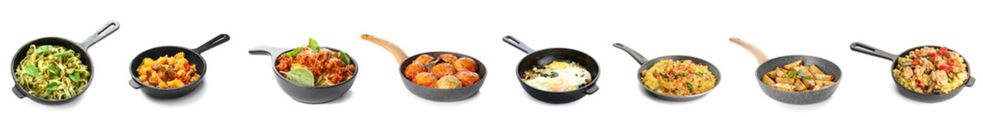 Set of frying pans with tasty cooked dishes on white background