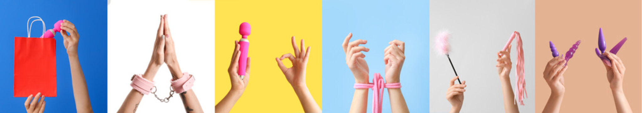 Set of hands with different sex toys on colorful background