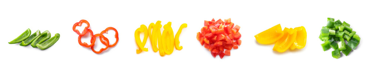 Set of colorful cut bell pepper isolated on white