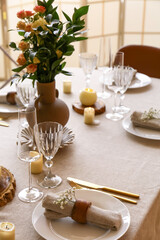 Beautiful table setting for wedding celebration in dining room