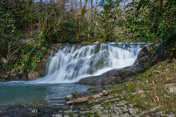 Obraz premium The jets of the waterfall flow into a mountain river flowing over mossy stones in the middle of a tropical forest.