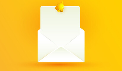 blank open envelope icon with notification alarm symbol isolated on yellow background. yellow bell sign with new subscriber for social media reminder. E-mail reminder 3d vector illustration style