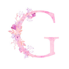 Pink letters with flowers. Romantic, delicate watercolor font. Wedding clipart on a white background.