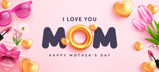 I love MOM postcard.Mother's Day Poster or banner with sweet hearts,flower and pink gift box on pink background.Promotion and shopping template or background for Love and Mother's day concept