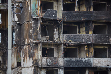 War of Russia against Ukraine. A residential building damaged by an enemy aircraft in the Ukrainian. Consequences of the war, damaged grocery market by the troops of the Russian army.