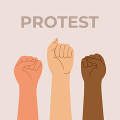 Three human hands different nationalities raised with clenched fists. Protest banner. Hand drawn vector illustration isolated on light background. Flat cartoon style.
