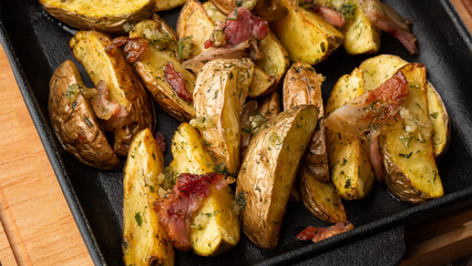 Delicious Fried Potato Bratkartoffeln With Bacon and Onion close up in the black plate on the table.