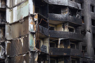War of Russia against Ukraine. A residential building damaged by an enemy aircraft in the Ukrainian. Consequences of the war, damaged grocery market by the troops of the Russian army.