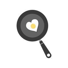 Frying pan with fried eggs icon on white background.