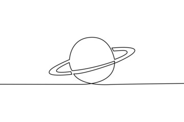 Continuous line drawing of Saturn on white background.