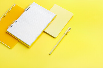 Notebooks and pen on yellow background