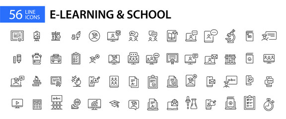 Fototapeta na wymiar 56 pixel perfect line art icons. E-learning school and college education