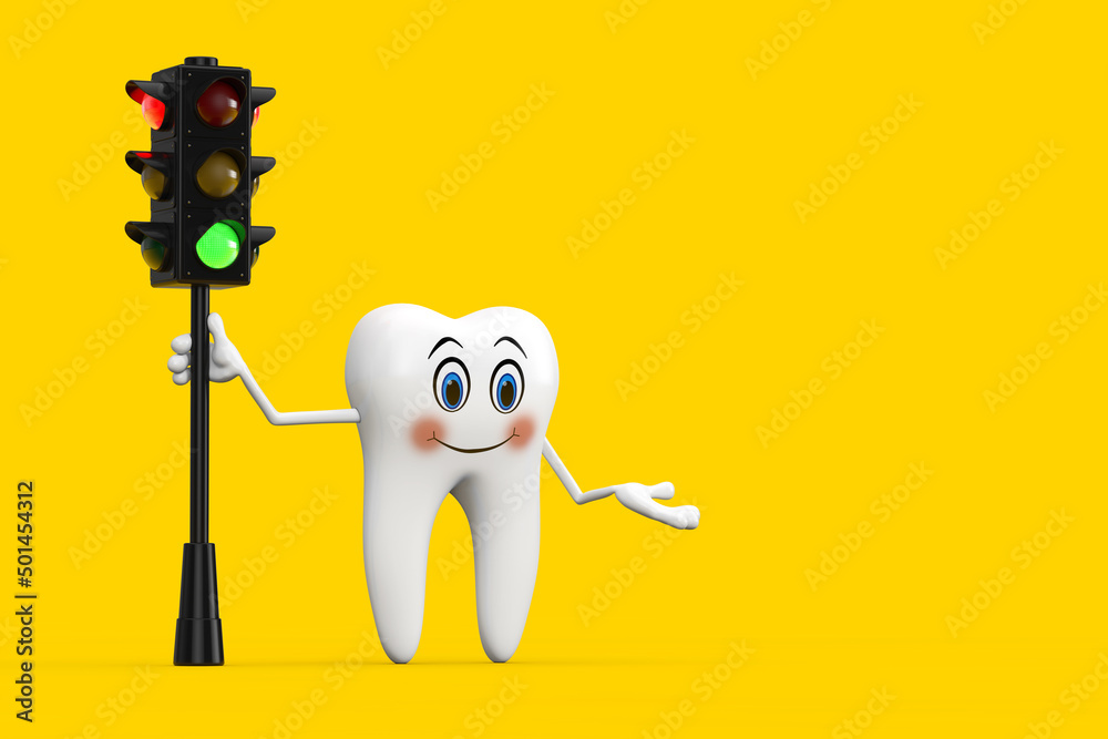 Aufkleber white tooth person character mascot with traffic green light. 3d rendering