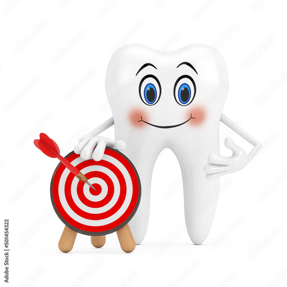 Fototapete white tooth person character mascot with archery target and dart in center. 3d rendering