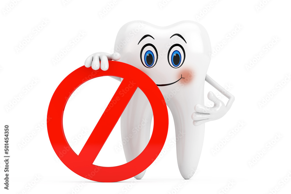 Aufkleber white tooth person character mascot with red prohibition or forbidden sign. 3d rendering