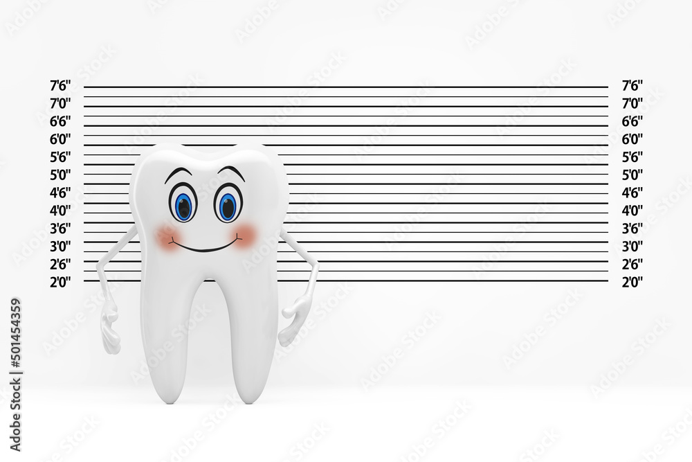 Aufkleber White Tooth Person Character Mascot  in front of Police Lineup or Mugshot Background. 3d Rendering