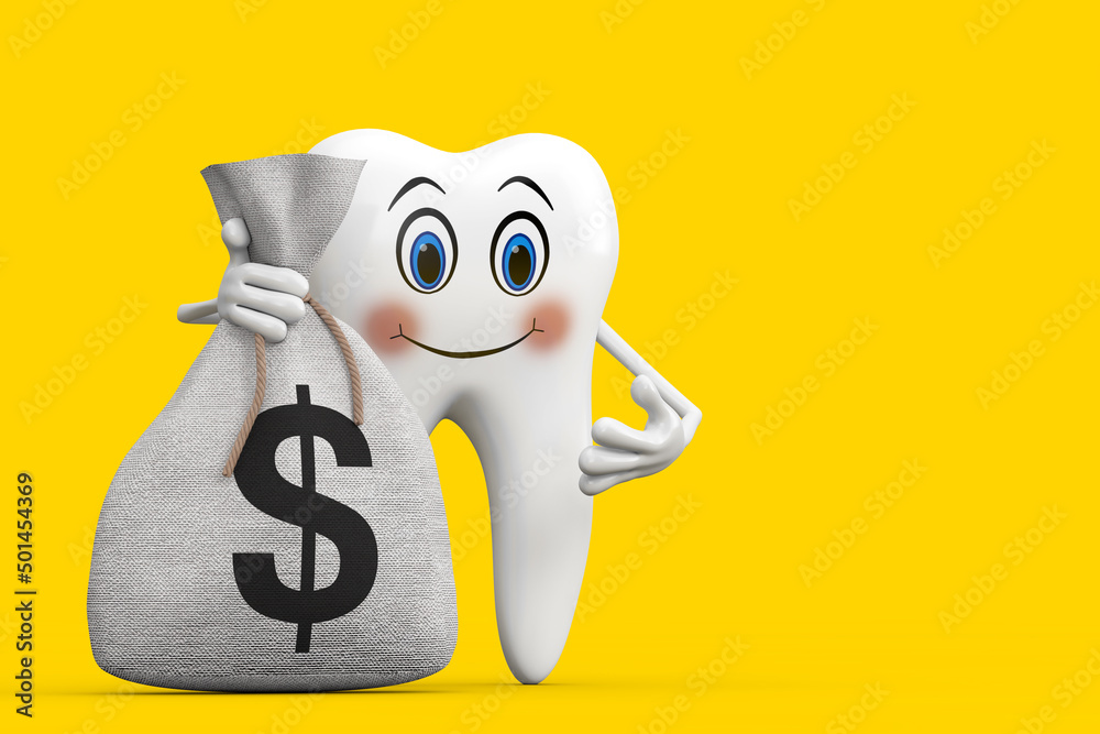 Poster white tooth person character mascot and tied rustic canvas linen money sack or money bag with dollar