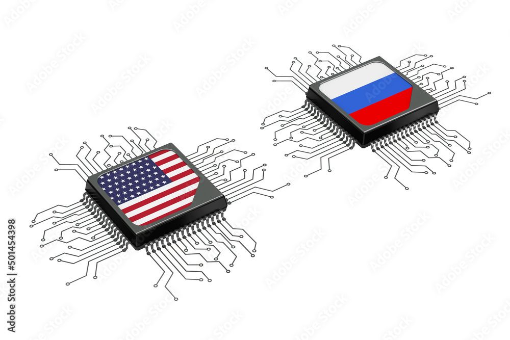 Poster Hybrid and Cyber War Concept. Microchip CPU Processors with Circuit and USA and Russia Flags. 3d Rendering