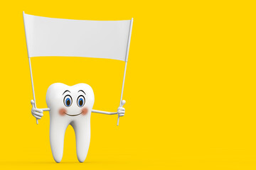 White Tooth Person Character Mascot and Yellow Road Sign with Free Space for Yours Design. 3d Rendering