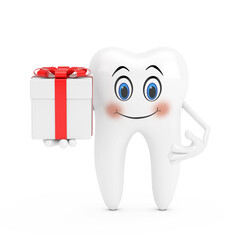 White Tooth Person Character Mascot and Gift Box with Red Ribbon. 3d Rendering