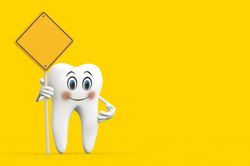 White Tooth Person Character Mascot and Yellow Road Sign with Free Space for Yours Design. 3d Rendering