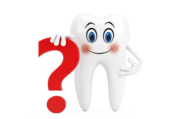White Tooth Person Character Mascot with Red Question Mark Sign. 3d Rendering
