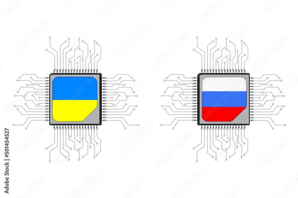 Aufkleber Hybrid and Cyber War Concept. Microchip CPU Processors with Circuit and Ukraine and Russia Flags. 3d Rendering