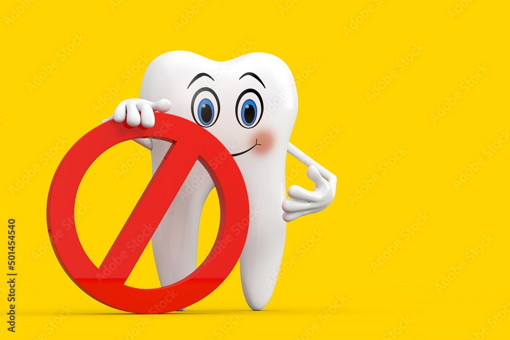 Aufkleber white tooth person character mascot with red prohibition or forbidden sign. 3d rendering
