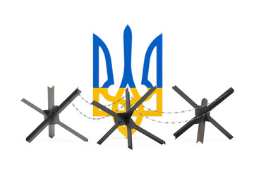 Black Metal Anti Tank Hedgehog Defence Barrage with Barbed Wire in Front of  Coat of Arms with Flag of Ukraine, Yellow and Blue Ukrainian National Emblem. 3d Rendering