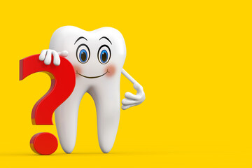White Tooth Person Character Mascot with Red Question Mark Sign. 3d Rendering
