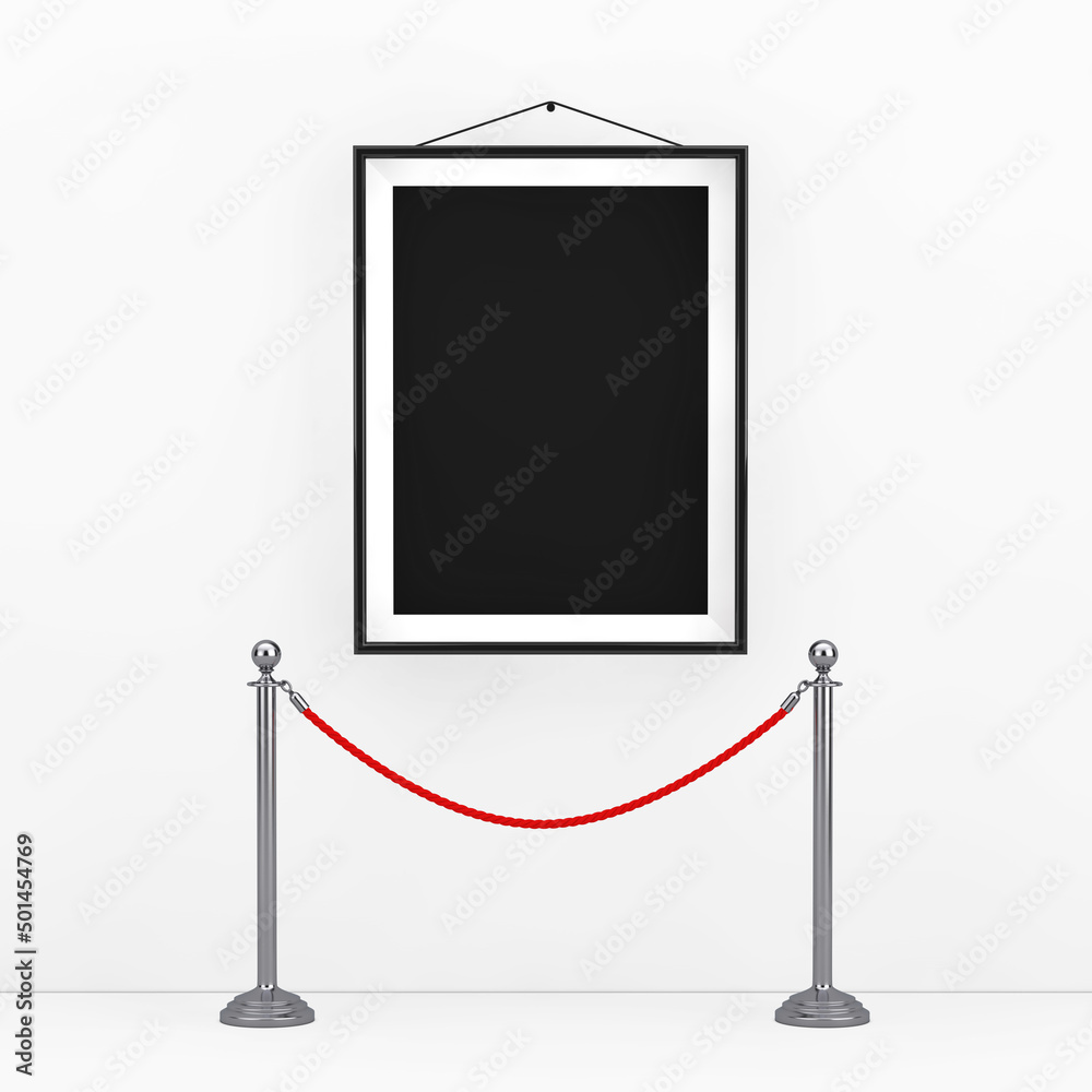 Poster museum concept. stand rope barrier in front of picture frame with free space for your design. 3d ren